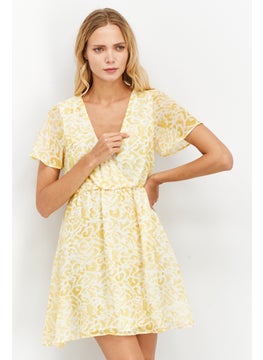 Buy Women Printed Short Sleeve Mini Dress, Yellow/White in UAE