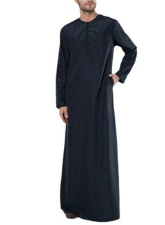 Buy Men's Muslim Robe Thobe Solid Color Round Neck Long Sleeve Kaftan With Pockets Navy Blue in UAE
