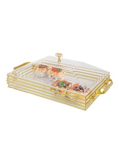 Buy Serving Tray With Cover - 4 Compartments Platter with Handle Gold Acrylic Spill Proof Tray With Handle For Serving Appetizer, Breakfast, Candy, Sweets, Fruit, Bread tray (40.5×24.5×15 CM) in UAE