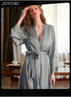 Buy Ladies Silky Satin Embroidery Lace Deep V-neck Backless Sleepwear Solid Color Sweet Suspender Nightdress+Sleep Robe for Women All Seasons One Size Grey in UAE