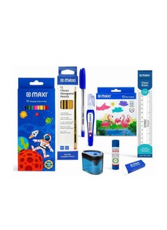 Buy Wax crayons 12colour+Colour pencils 12colour+Dust free eraser + Container sharpener + Ball point pen + Plastic ruler + Crroction-pen 7ml+Graphite pencil 12cs+Glue stick 8gm in UAE