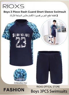 Buy 3PCS Rash Guard Sets with Swimming Hat, Breathable Skin-friendly Swimsuits for Boys, Lightweight Quick-drying Short Sleeve Swimwear Sets, Suitable for Swimming, Surfing, Bathing, Swimming Pool or Beach Wear in Saudi Arabia