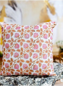 Buy Pink Iris Organic Cotton Hand Block Printed Cushion Cover 65 Cm X 65 Cm in UAE