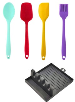 Buy Set of 5 pcs silicone spatula with silicone cooking brush with skimmer with ladle spoon with holder organizer for storage rack Multicolor in Egypt