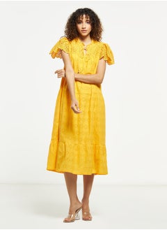 Buy Iconic Schiffli Textured Tiered Midi Dress with Neck Tie-Ups in Saudi Arabia