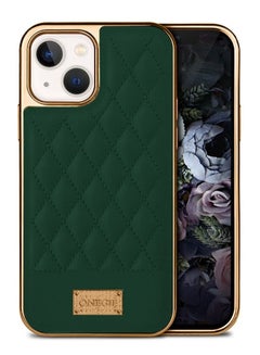 Buy iPhone 14 Case Luxury PU Leather Case 3D Embroidery Heavy Duty Shockproof with Electroplating Frame Green in UAE