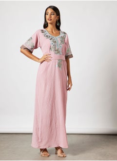 Buy Jalabiya With Floral Embroidery In Short Sleeves in UAE