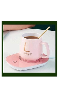 Buy Portable Coffee Cup Warmer Heater Set Heat Heating Pad Ceramics Thermostatic Electric Coaster Mug Mat Office Tea Milk with Spoon Pink in UAE