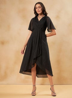Buy Lurex Striped Asymmetric Hem Wrap Midi Dress in Saudi Arabia