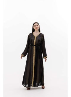 Buy LONG CLASSY SIMPLE BLACK COLOUR FRONT LACE BUTTON LINING ARABIC KAFTAN JALABIYA DRESS in Saudi Arabia