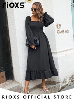 Buy Women's Square Neck Ruffle Long Sleeve Swing Dress A-Line Casual Loose Maxi Long Dress in Saudi Arabia