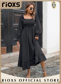 Buy Women's Square Neck Ruffle Long Sleeve Swing Dress A-Line Casual Loose Maxi Long Dress in UAE