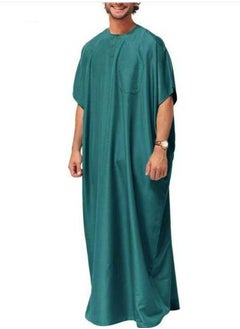 اشتري Men's Muslim Solid Color Loose Robe Thobe Short Sleeve Side Split Kaftan Bluish-Green في الامارات