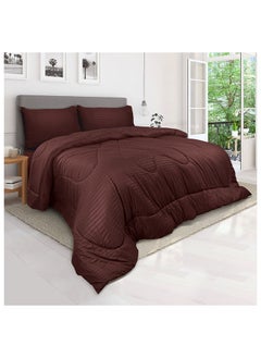 اشتري Down Alternative Comforter  Set -Ultra Soft Brushed Stripe Microfiber Fabric, 200GSM Soft Fibersheet Filling, Size : Double  220 x 240cm , Color: Chocolate في الامارات