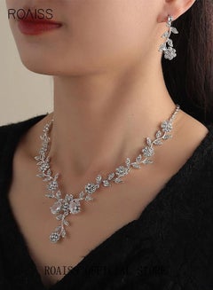Buy 3 Pcs Rhinestone Necklace Earrings Set Rose Flower Zircon Pendant Drop Dangle Bridal Evening Dress Accessories for Women Silver/Clear in UAE