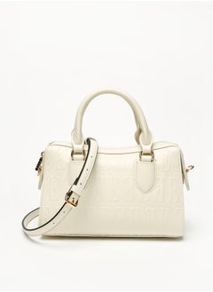 Buy Women Monogram Embossed Tote Bag with Detachable Strap and Zip Closure in UAE