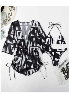 Buy 3 Piece Swimsuit Print Halter Strappy Swimsuit Bikini Black in UAE