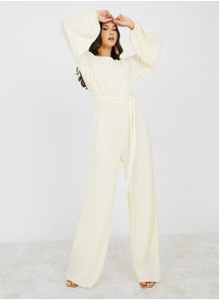 Buy Wide Leg Plisse Jumpsuit with Tie Belt in Saudi Arabia