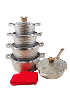 اشتري 12-piece Marble Cookware Set Aluminum Pots And Pans With Non-stick Surface Glass Lids PFOA-free Gold 20-24-28-32 Cm (deep Stockpot) + 28 Cm (deep Frying Pan) + Pair Of Gloves في الامارات