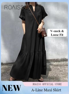 Buy Women Loose Fit Solid Color Maxi Dress with Stand Collar Short Sleeves V Neckline Button Up Closure and Flared Hemline A Line Silhouette in Saudi Arabia