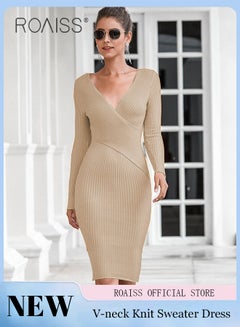 Buy Women Knitted Long Sleeved Dress V Neck Design, Slim Waist, Women Retro-Style Long Dress, Solid Color Design, Comfortable And Skin Friendly Fabric in Saudi Arabia