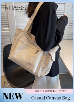Buy Women's Canvas Bag Large Capacity One Shoulder Messenger Tote Bag Casual Solid Color Versatile Work Commuting in Saudi Arabia