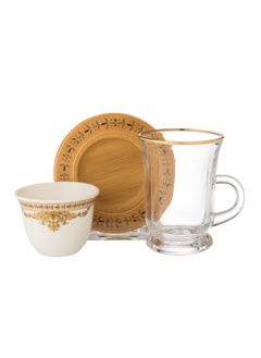 Buy 18-Piece Tea And Coffee Set Consisting Of 6 Glass Tea Cups + 6 Wooden Saucers + 6 Porcelain Coffee Cups in Saudi Arabia