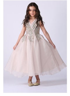 Buy Girls' Dress Of Organza Material, Decorated With Pleats On The Chest And Decorated With Golden Sequins On The Chest in Saudi Arabia