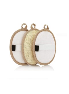 اشتري Natural Loofah Exfoliating Body Scrubber 3-Pack – Shower Sponges for Men and Women – Eco-Friendly Oval Bath and Body Exfoliators with Palm Straps, Cotton Backing Pads and Linen Carry Bag في السعودية