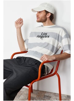 Buy Gray Men's Oversize Striped City Printed  T-Shirt in Egypt