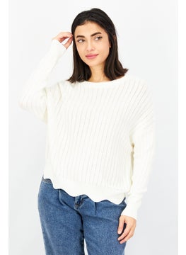 Buy Women Round Neckline Long Sleeve Knitted Sweater, Cream in UAE