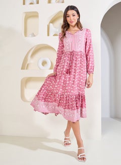 Buy Floral Print Tie Up Waist Tiered Midi Dress in Saudi Arabia