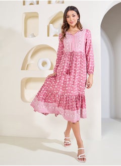 اشتري Floral Print Tie Up Waist Tiered Midi Dress في السعودية