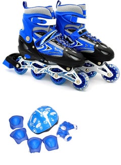 اشتري Kids Perfect Inline Blue Roller Skates with Helmets and Pads Skates Roller Skate Shoe Set with LED Flash في الامارات