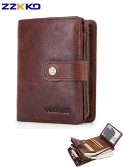 Buy 100% Genuine Leather Wallet For Male  Vintage Handmade Short Small Men's Purse Card Holder With Zipper Coin Pocket Multifunction High capacity Card Holder Brown in Saudi Arabia