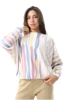 اشتري Dolman Sleeves Jewel Neck Top_ White, Blue & Yellow في مصر