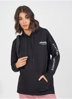 Buy Regular Fit Longline Slogan Print Hoodie in Saudi Arabia