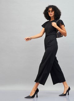 Buy Solid Belted Jumpsuit with Short Sleeves in Saudi Arabia