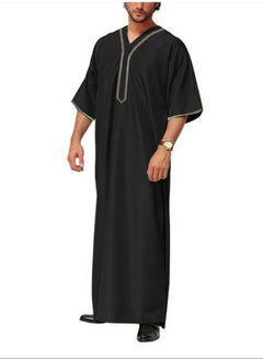 Buy Men's Muslim Loose Robe Thobe V-Neck Short Sleeve Side Split Kaftan Black in Saudi Arabia