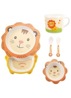 Buy 5-Piece Lion Bamboo Fiber Children Tableware Set with Plate Bowl Cup Spoon and Fork in UAE