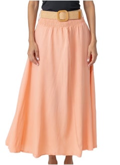 Buy Peach A-Line Maxi Skirt with Elastic Waist and Belt - Flowy High-Waisted Summer Skirt in UAE