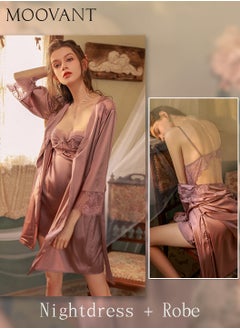 Buy 2-Piece Women Sling Nightdress Set Nightgown + Robe + Belt Push-up Lace Nightdress Romantic Sweet Home Dress Elegant Pajamas Set Loungewear Purple in Saudi Arabia