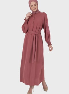 Buy Button Detail Belted Shirred Sleeve Dress in UAE