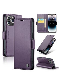 Buy Flip Wallet Case For Apple iPhone 14 Pro Max, [RFID Blocking] PU Leather Wallet Flip Folio Case with Card Holder Kickstand Shockproof Phone Cover (Purple) in UAE