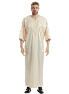 Buy Men's Solid Color Satin Embroidery Half Sleeve Abaya Robe Islamic Arabic Casual Kaftan Beige in Saudi Arabia