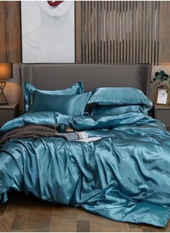 Buy Silky Satin, King Size  6-Piece Bedding Set Plain Blue Color in UAE