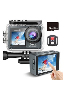 Buy Upgraded 5K 30FPS Action Camera 24MP WiFi Action Camera Dual IPS Touch LCD EIS 170° Wide Angle 30M Waterproof 5X Zoom Sport Camera With Touch LCD, Remote Control, 32GB SD Card in Saudi Arabia