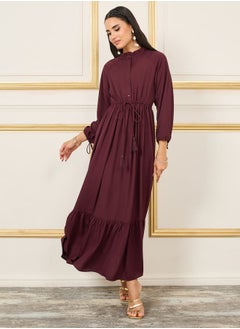 اشتري Ruffle Trim High Neck Tie Up Sleeves Elasticated Waist Maxi Dress في السعودية