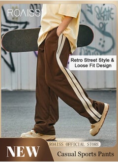 Buy Retro Style Sports Pants for Men with Woven Belt Loose Fit Wide Leg Casual Pants for College Students with Waist Side Striped Decor Mens Breathable Simple All Match Trousers in Saudi Arabia