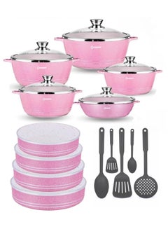Buy 19 Pieces Granite Cookware Combo Set Includes 4 pieces Round Oven Dish 1x26cm 1x28cm 1x30cm 1x 32cm 10 pcs Casserole Pot Set and Spatula Sets Pink in UAE